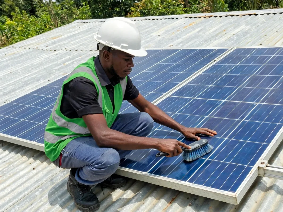 Technicien entretenant un panneau solaire sur un toit en tôle